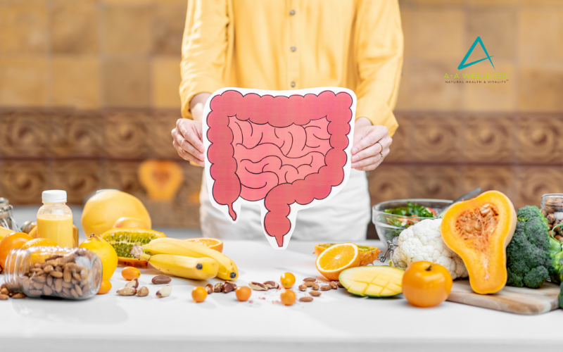 Fresh whole foods and healthy digestive habits illustrating the connection between gut health and overall wellness.