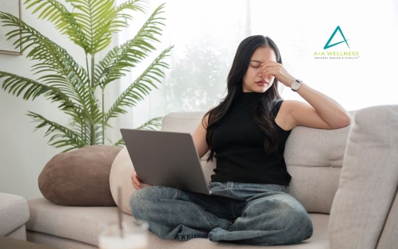 Woman experiencing ongoing fatigue while looking for answers through healthy lifestyle changes and root cause wellness.